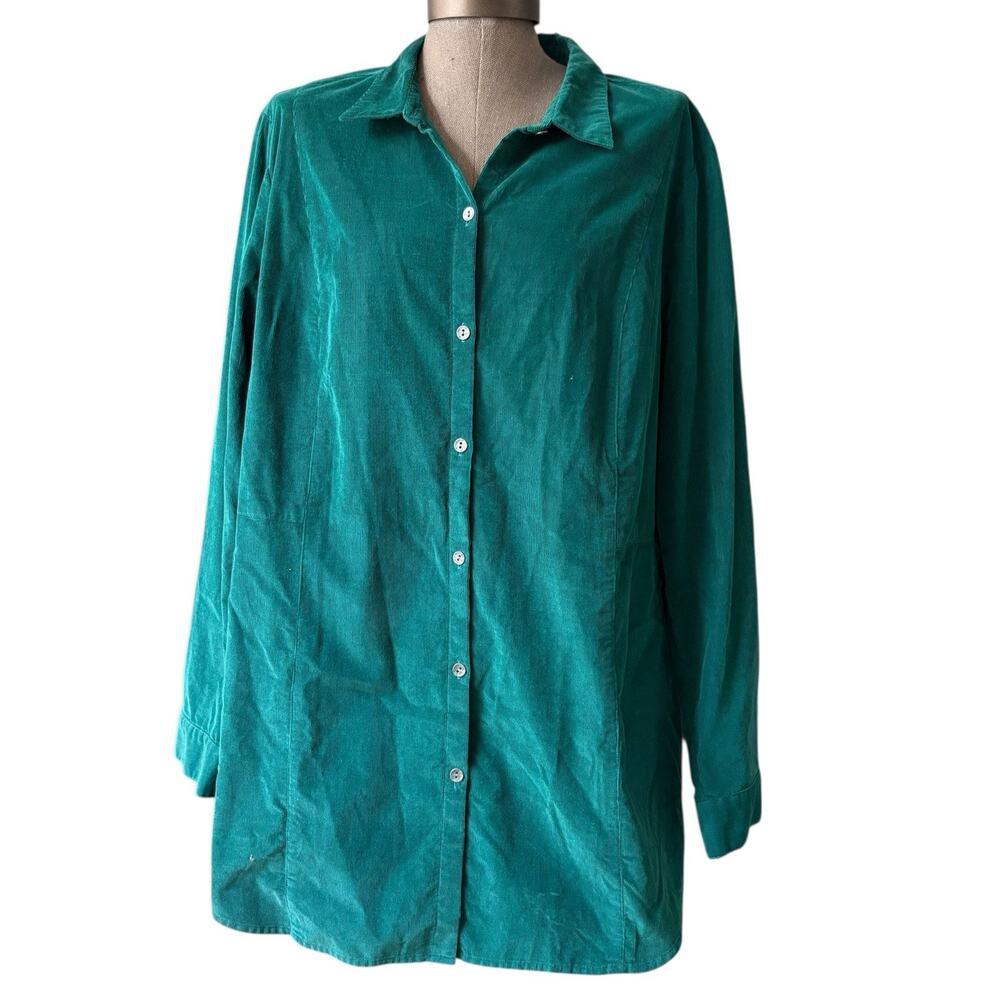 J Jill Corduroy Shirt Women's Size XL Green Pockets Button Up Long Sleeve